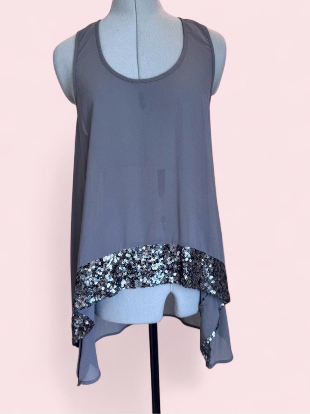 Shirt- Gray Sleeveless Chiffon Tank with Sequin Hem - Women